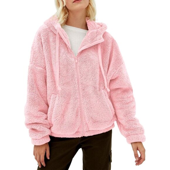 Women's Fuzzy Sherpa Fleece Jacket Zip Up Oversized Winter Warm Hoodie - Picture 1 of 4